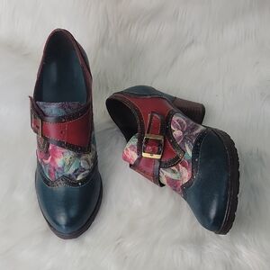 CRAZYCATZ Victorian Boho Floral Hand Painted Oxford Chunky Bootie‎ Block Heels 8